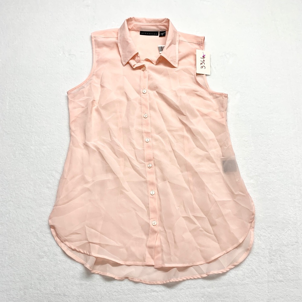 Attention Sheer Chiffon Sleeveless Button Down Womens‎ Size M Peach Pink Blouse